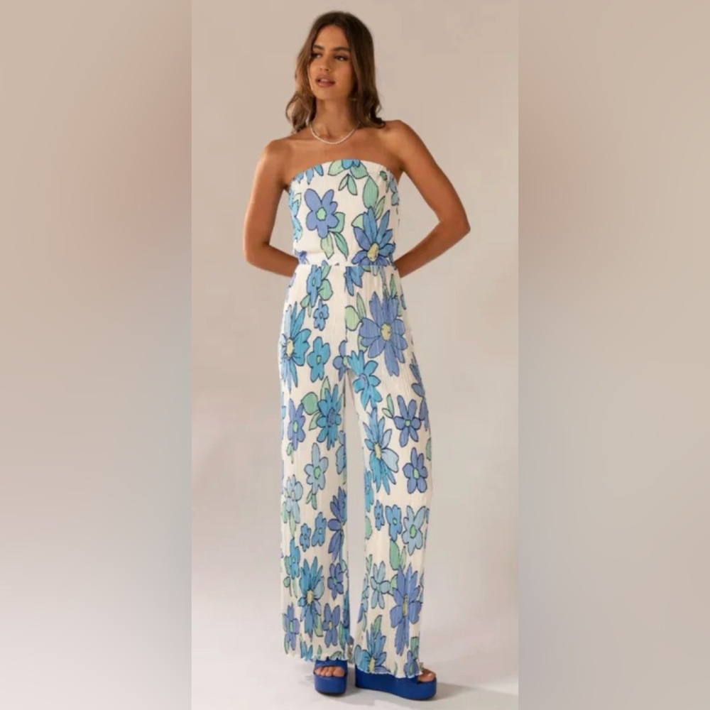 Peppermayo Strapless Floral Jumpsuit in Blue and Cream